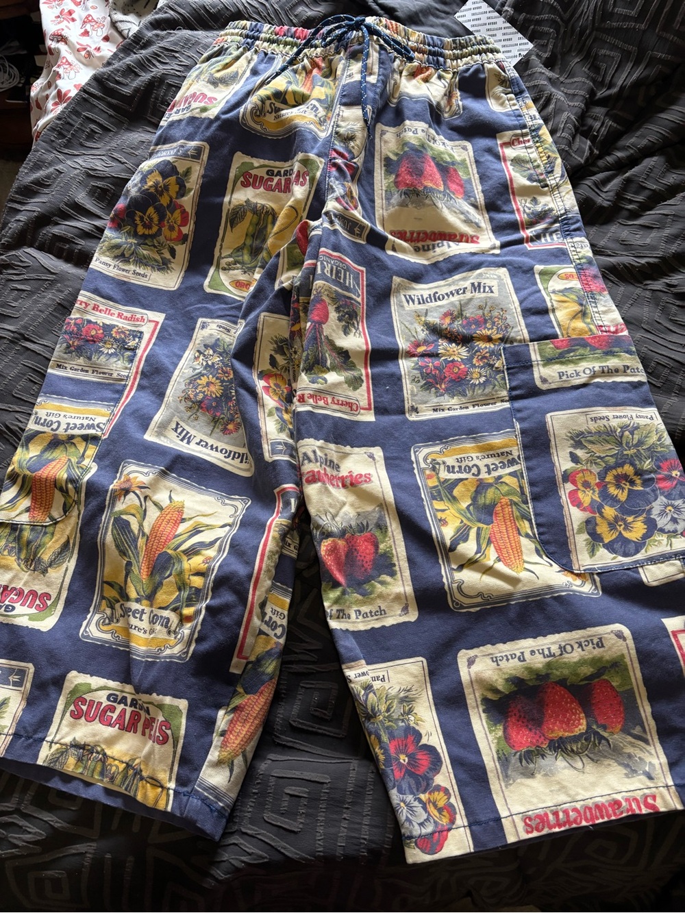 Urban Outfitters Wide Leg Seed Packet Print Pants in Navy, Yellow, Red